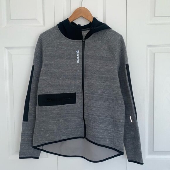 Reebok Hoodie  Women's Size Large Grey Heathered Black Zip-Up Sweater “S7R3NG7H” - Picture 3 of 8